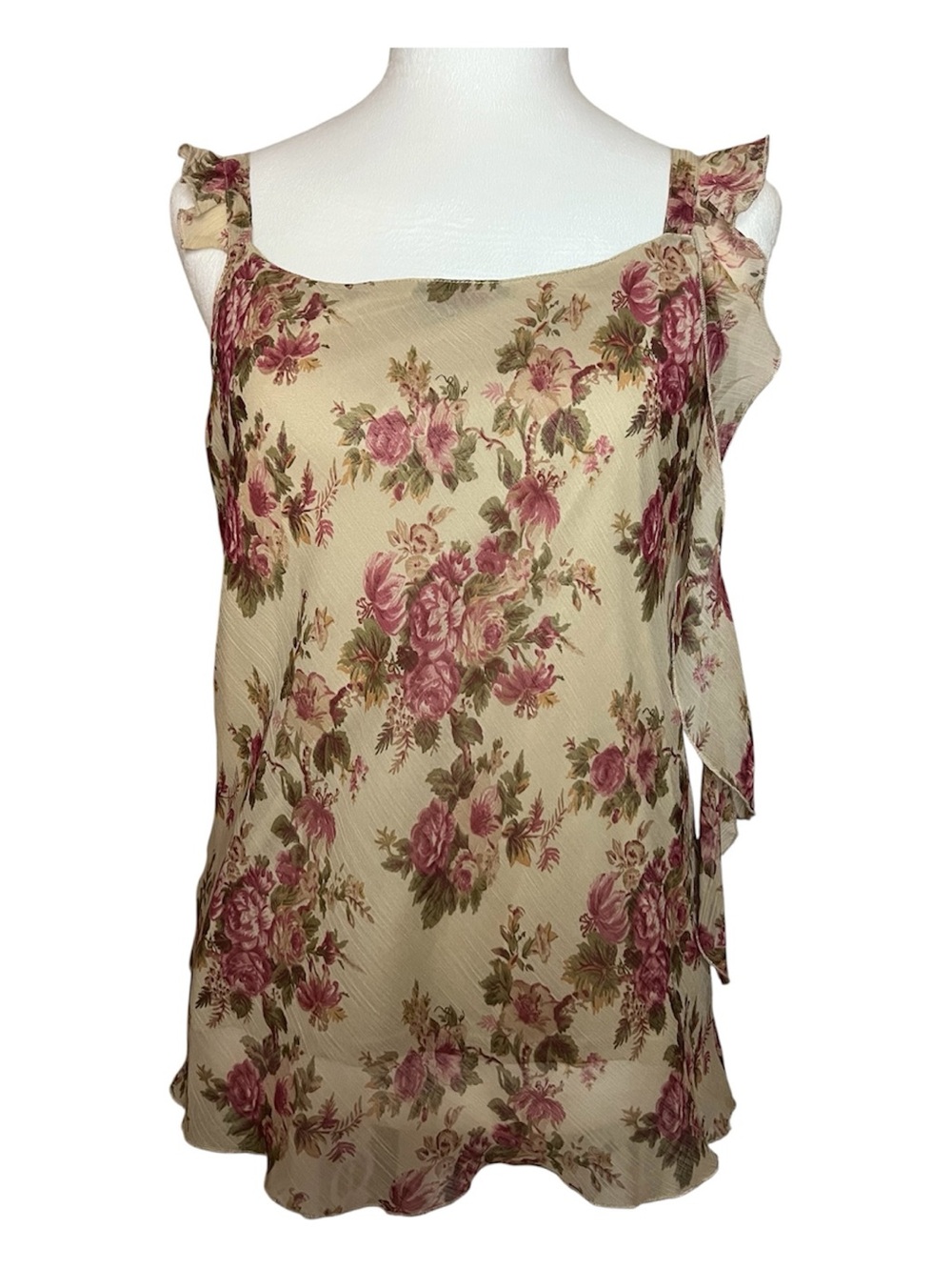 Reitmans Cream Floral Ruffle-Trim Tank